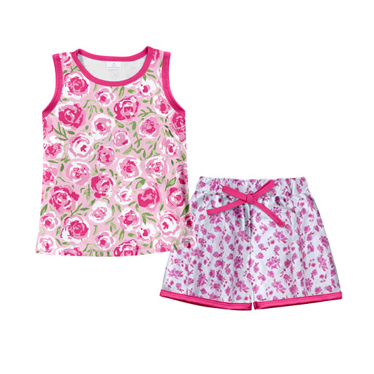 MOQ 3 pcs sleeveless pink floral top shorts kids girls outfits