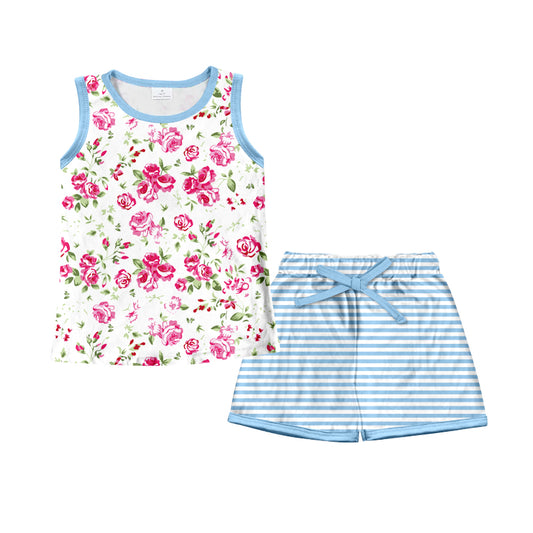 MOQ 3 pcs sleeveless floral top light blue stripe shorts kids girls outfits