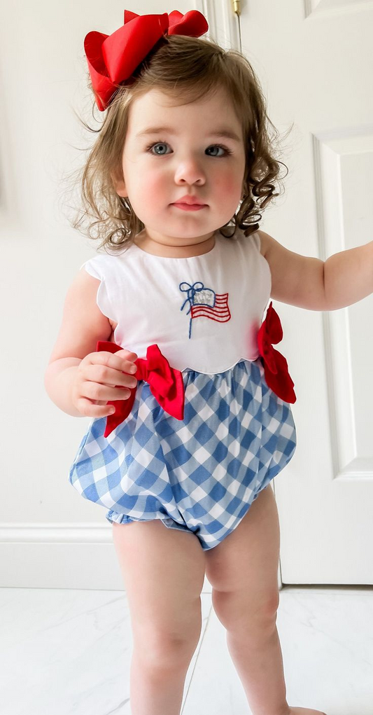 Deadline March 2 sleeveless flag plaid baby girls 4th of july romper