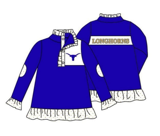 Deadline March 23 blue polka dots ruffle girls team pullover