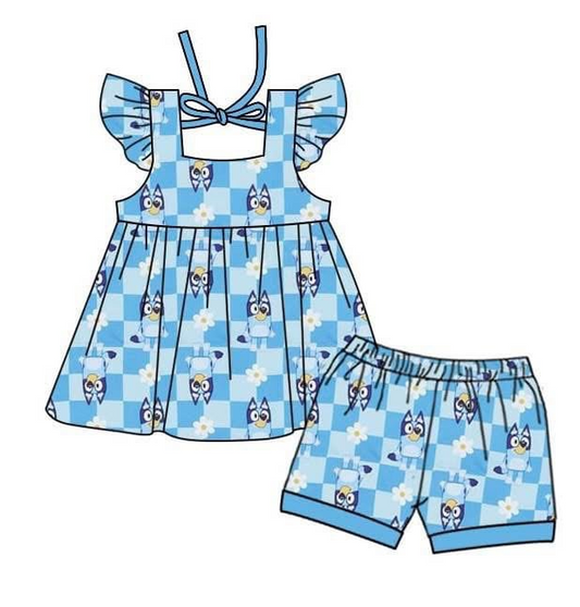 MOQ 3 pcs flutter sleeves plaid dog tunic shorts girls clothes