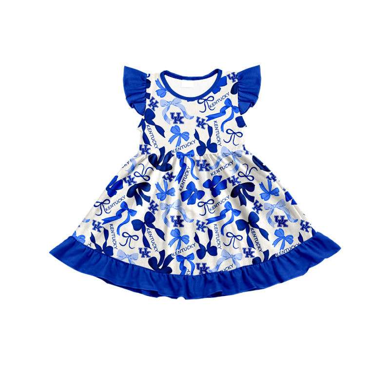 MOQ 3 pcs flutter sleeves blue bows U K girls team dress