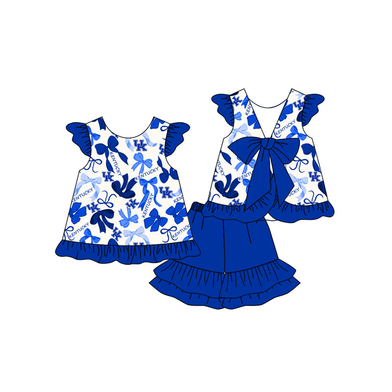 MOQ 3 pcs Flutter sleeves blue bows U K girls team clothes