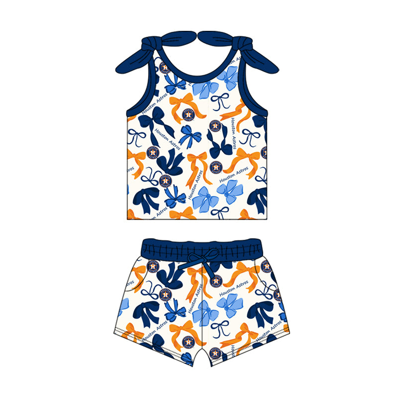 MOQ 3 pcs sleeveless blue bow H top shorts girls team clothes