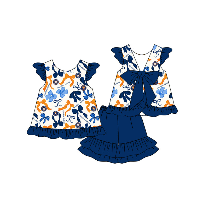 MOQ 3 pcs Flutter sleeves blue bows H girls team clothes