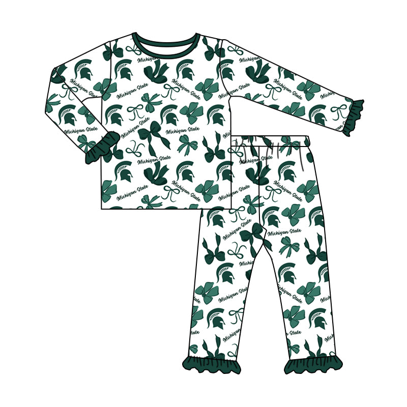 MOQ 3 Long sleeves M green yellow bow kids girls team pajamas