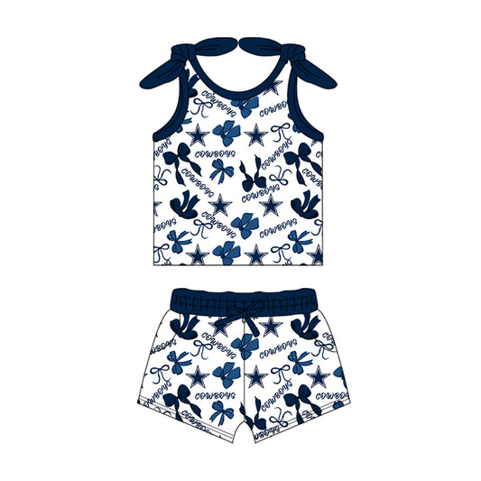 MOQ 3 pcs sleeveless cowboy blue bow top shorts girls team clothes
