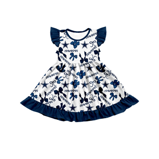 MOQ 3 pcs flutter sleeves cowboy blue bows girls team dress