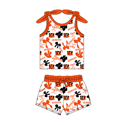 MOQ 3 pcs sleeveless B orange bow top shorts girls team clothes
