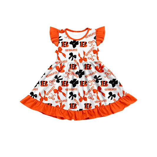 MOQ 3 pcs flutter sleeves B orange bows girls team dress