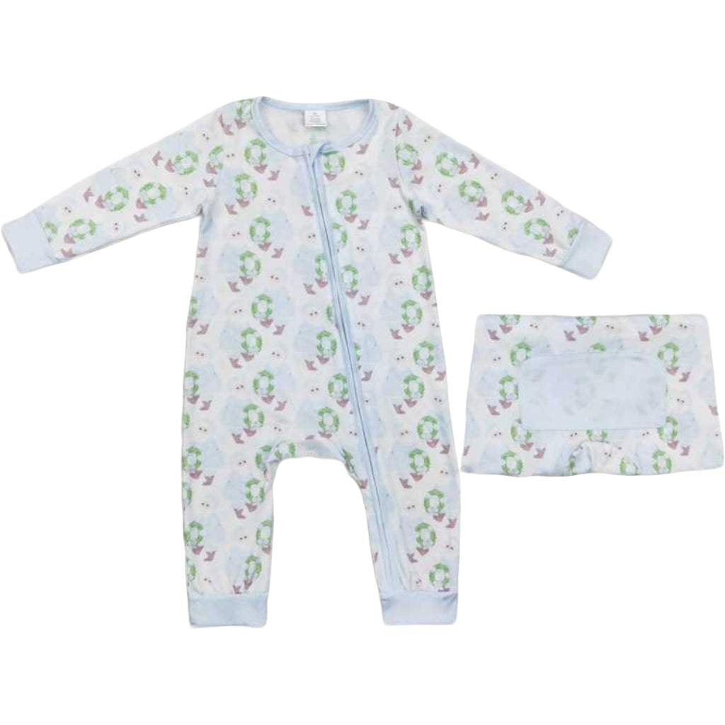 Deadline Aug 8 2025 light blue ornaments santa girls Christmas zip romper