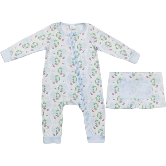 Deadline Aug 8 2025 light blue ornaments santa girls Christmas zip romper