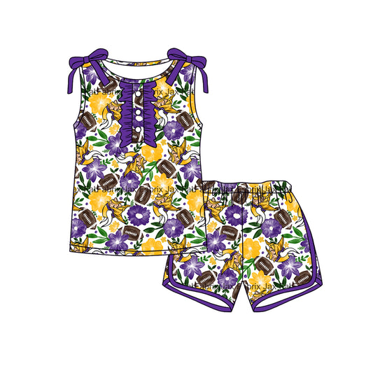MOQ 5 pcs sleeveless purple yellow floral top shorts girls team outfits