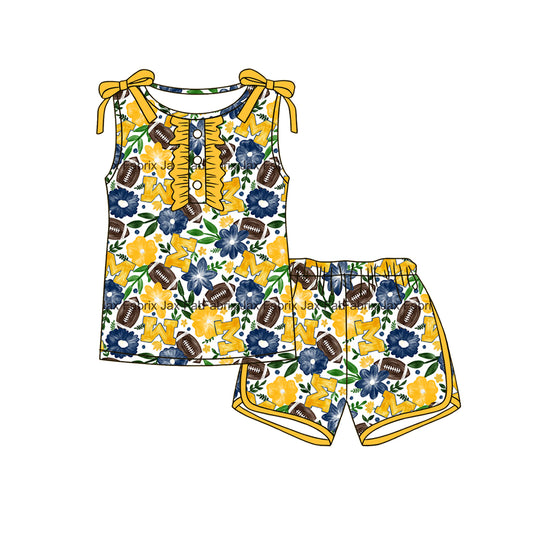 MOQ 5 pcs M yellow blue floral top shorts girls team outfits