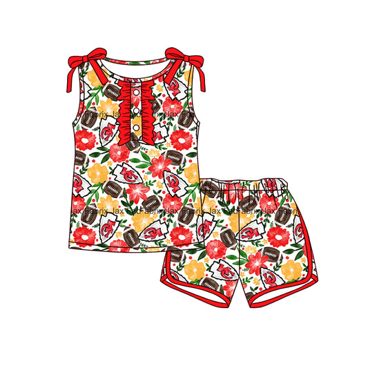 MOQ 5 pcs K C red yellow floral top shorts girls team outfits