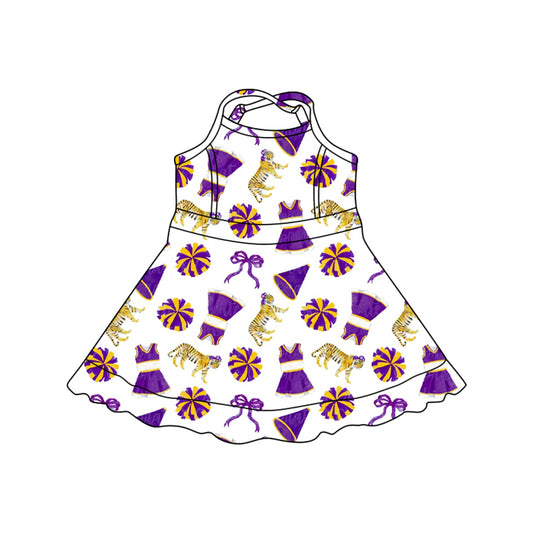 MOQ 5 pcs Straps purple tiger bow kids girls team athletic dress