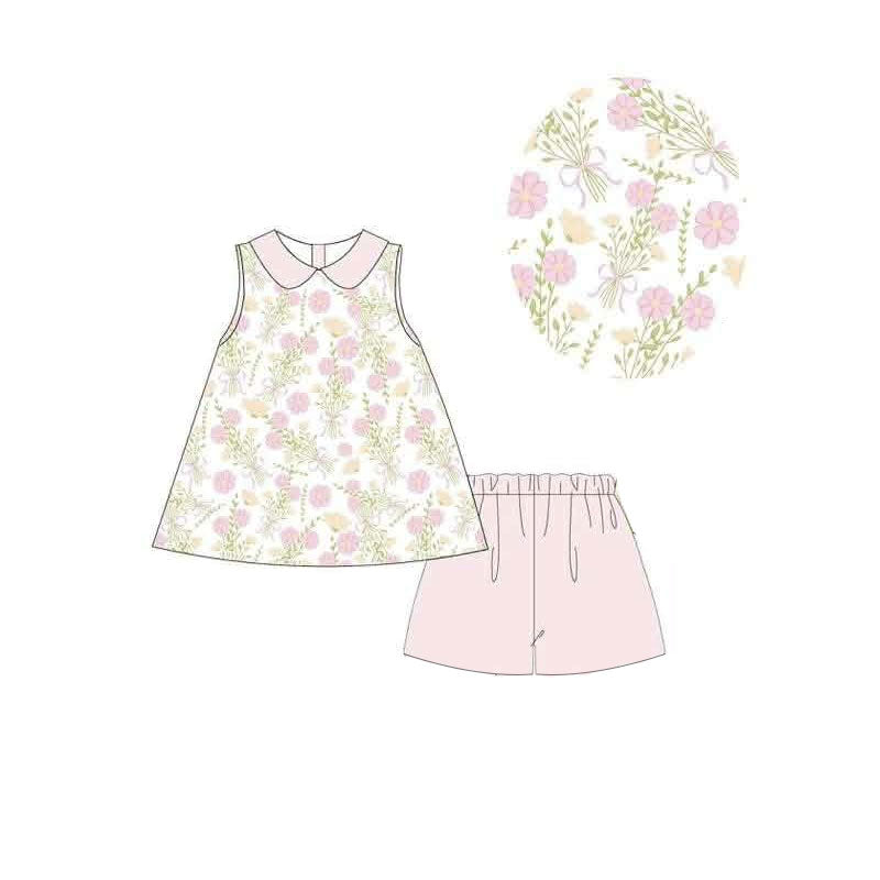 MOQ 5 pcs Sleeveless floral tunic shorts kids girls outfits