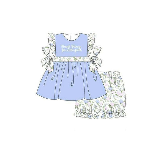 MOQ 5 pcs flutter sleeves floral tunic shorts girls outfits
