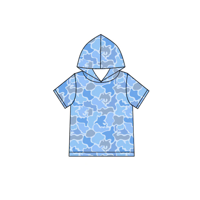 MOQ 5 pcs Short sleeves fish light blue camo kids boys hoodie