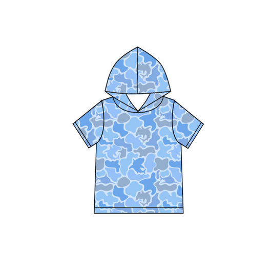 MOQ 5 pcs Short sleeves fish light blue camo kids boys hoodie