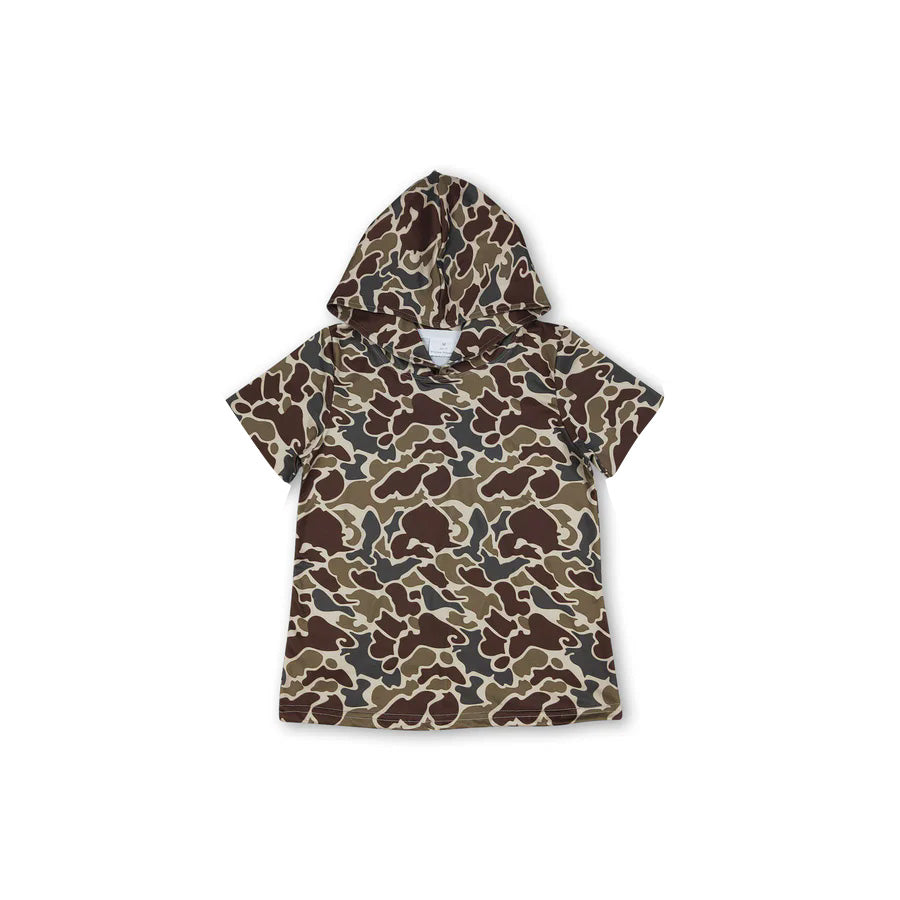 MOQ 5 pcs Short sleeves dark brown camo kids boys summer hoodie