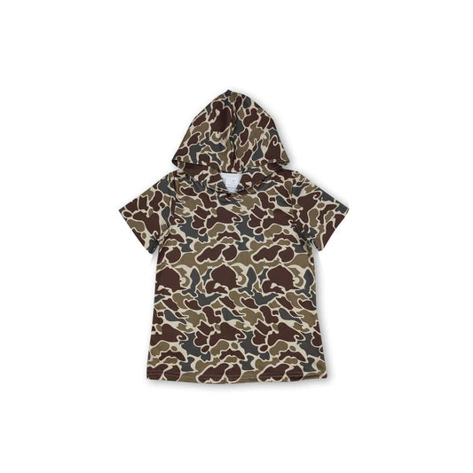 MOQ 5 pcs Short sleeves dark brown camo kids boys summer hoodie