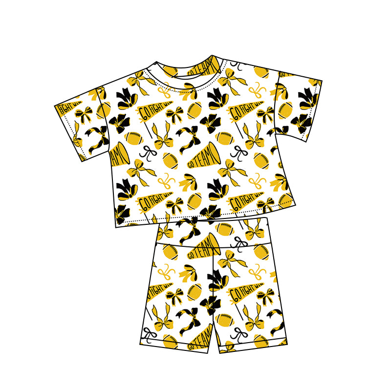 MOQ 5 pcs short sleeves gold black bow girls team outfits