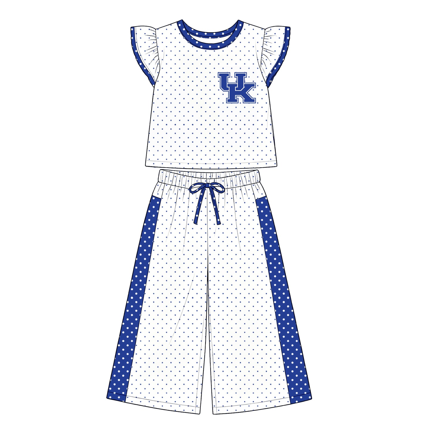 MOQ 5 flutter sleeves blue U K polka dots girls team outfits