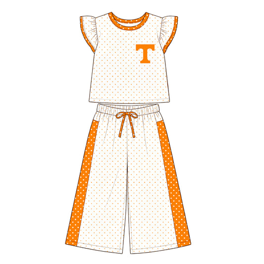 MOQ 5 flutter sleeves orange T polka dots girls team outfits
