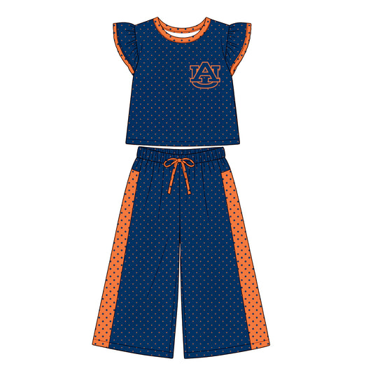 MOQ 5 flutter sleeves orange A U polka dots girls team outfits