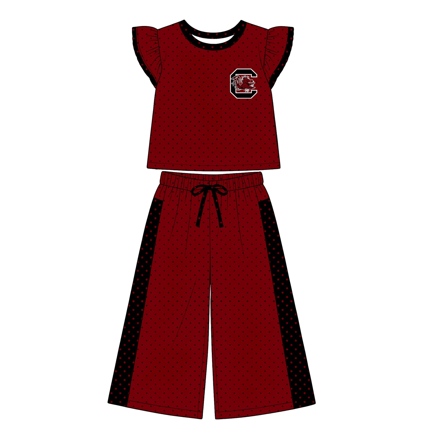 MOQ 5 flutter sleeves maroon C polka dots girls team outfits