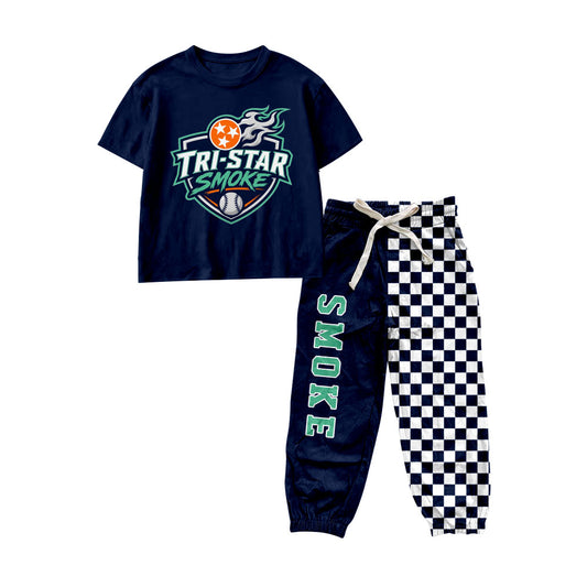 MOQ 5 short sleeves baseball top plaid pants boy team outfits