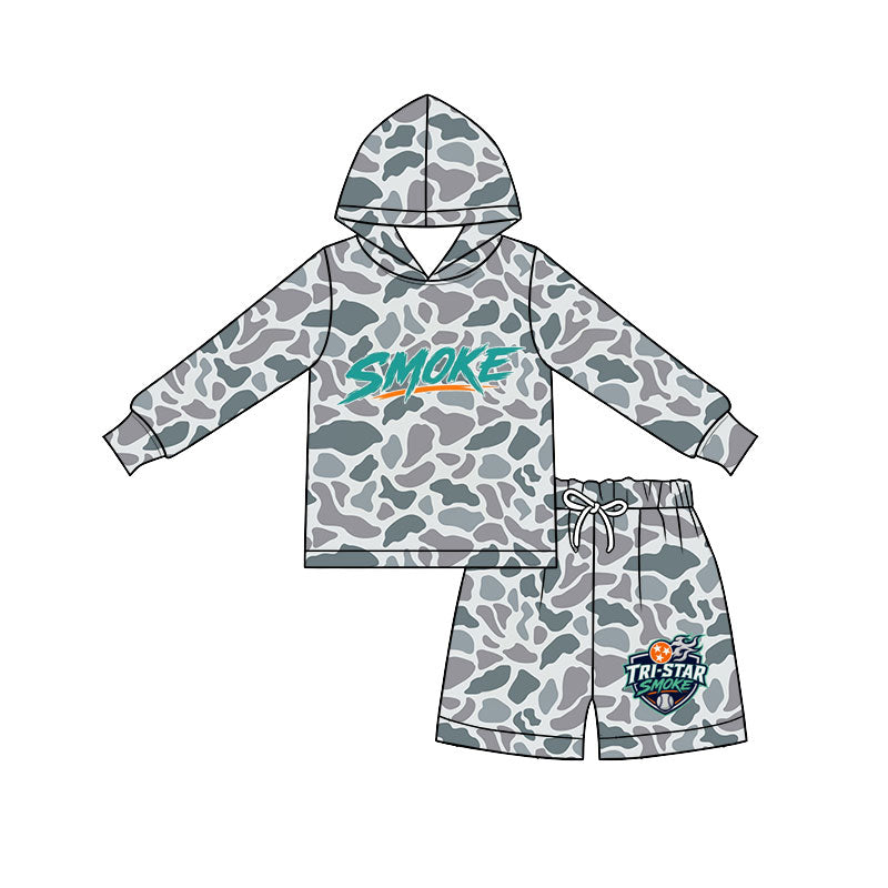 MOQ 5 pcs grey camo hoodie baseball shorts boys team outfits