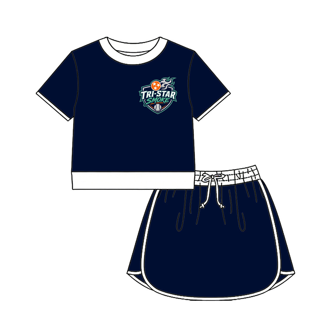 MOQ 5 pcs short sleeves navy baseball top skirt girls team outfits