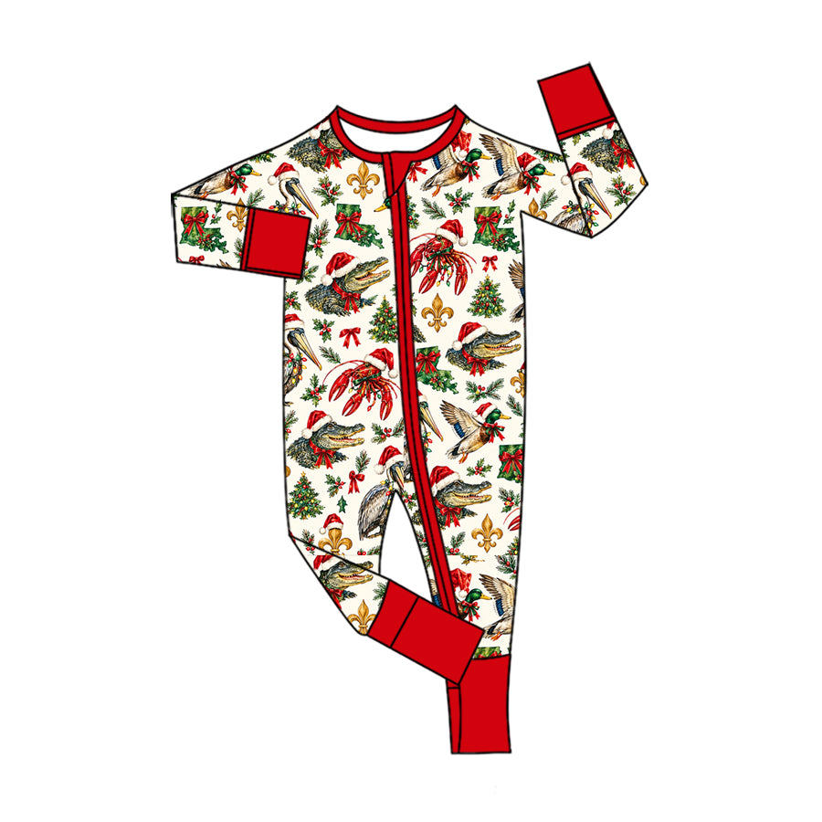 MOQ 8 pcs crocodile bow baby girls Christmas team zipper romper