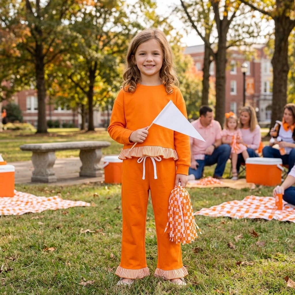 MOQ 8 Long sleeves orange stripe cotton girls team outfits