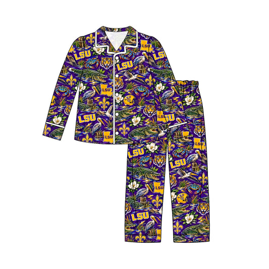 MOQ 8 pcs tiger L S U long sleeves kids button down team pajamas