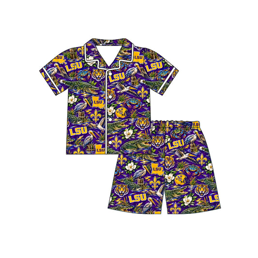 MOQ 8 pcs tiger L S U short sleeves girls button down team pajamas