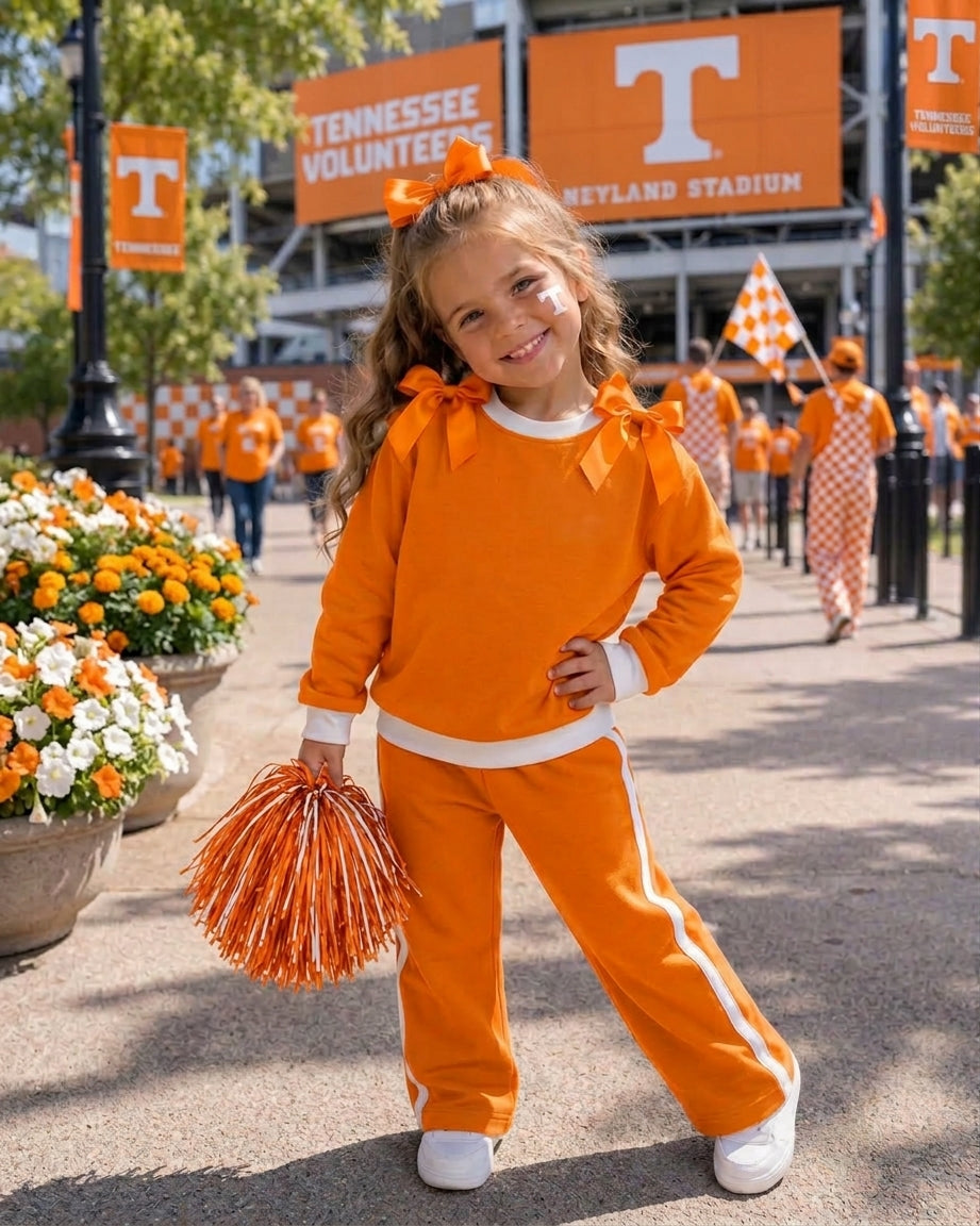MOQ 8 Long sleeves orange bow cotton girls team outfits