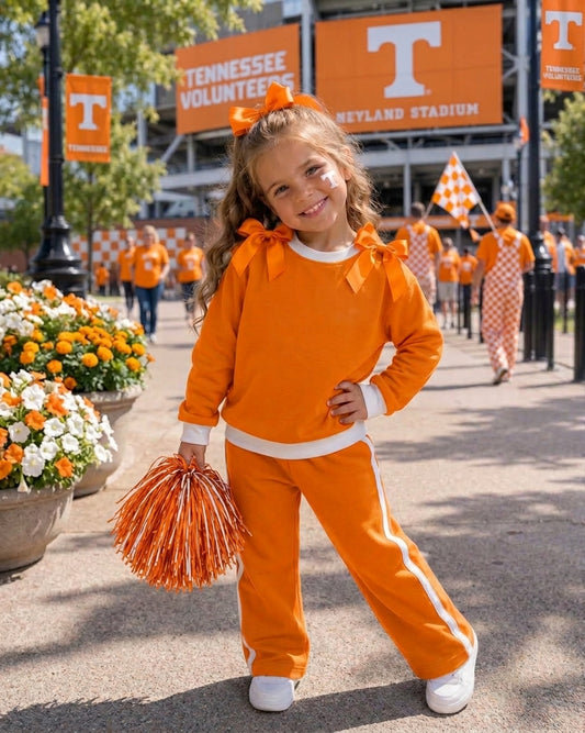 MOQ 8 Long sleeves orange bow cotton girls team outfits