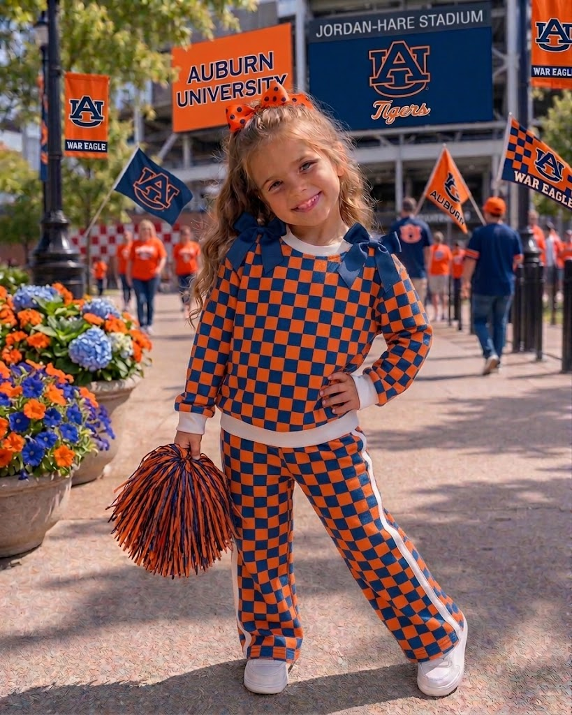 MOQ 8 Long sleeves orange navy plaid top pants girls team outfits