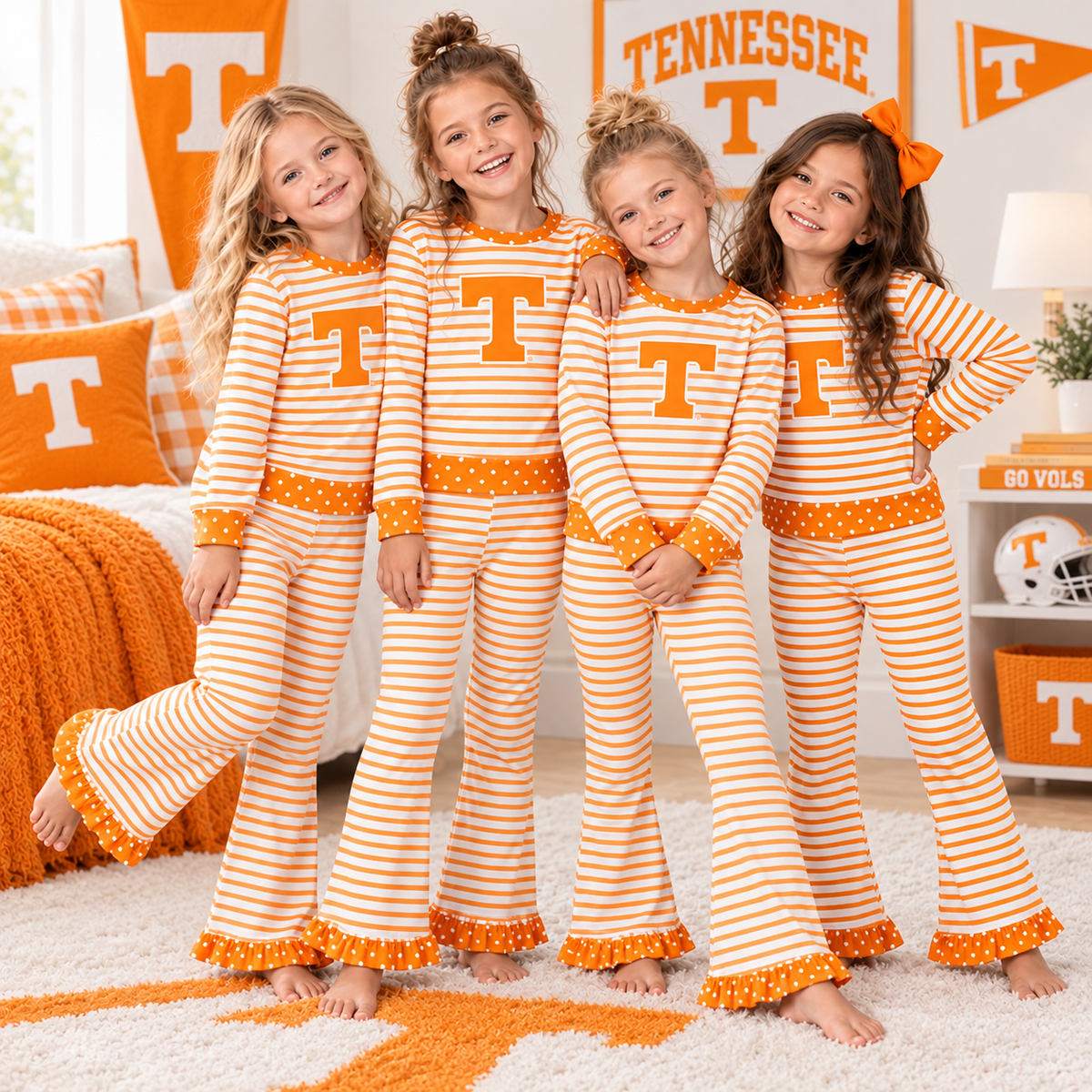 MOQ 8 Long sleeves orange T stripe girls team outfits