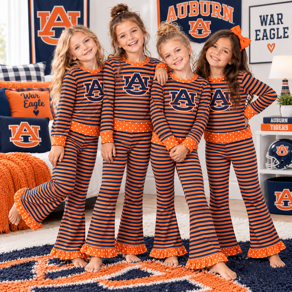 MOQ 8 Long sleeves A U orange navy stripe girls team outfits