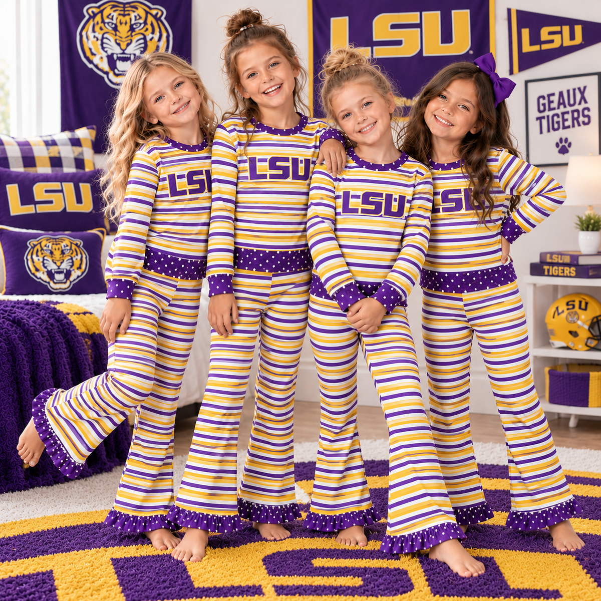 MOQ 8 Long sleeves L S U purple yellow stripe girls team outfits