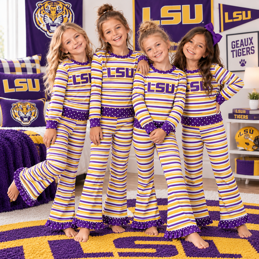 MOQ 8 Long sleeves L S U purple yellow stripe girls team outfits