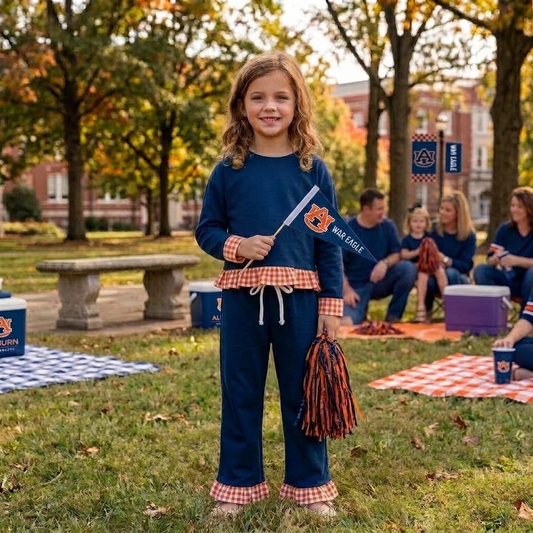 MOQ 8 Long sleeves navy plaid ruffle girls team outfits