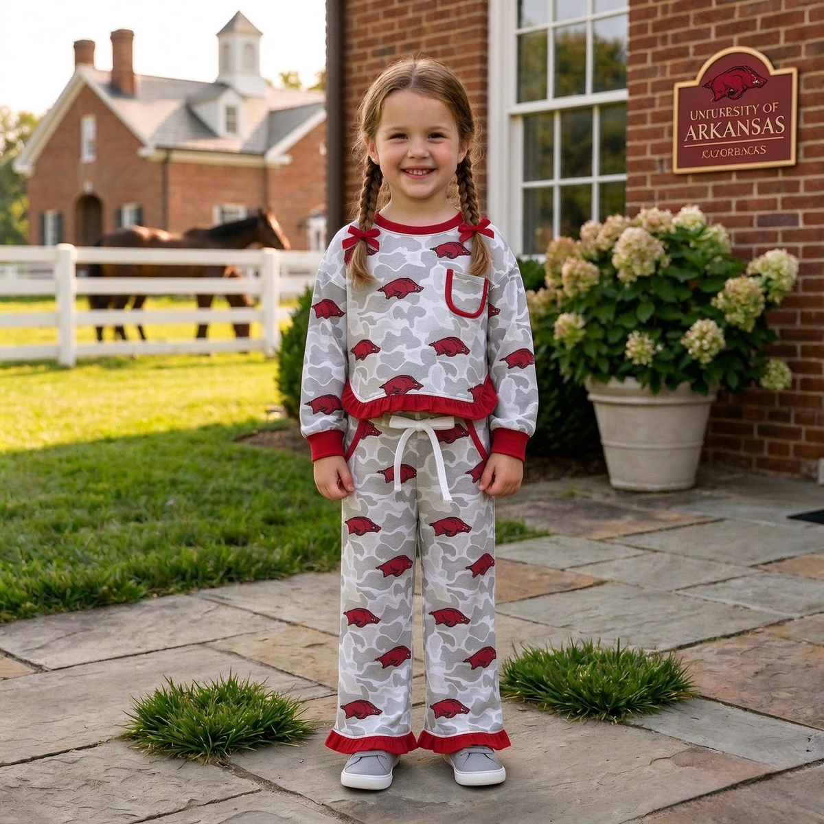 MOQ 8 Long sleeves grey camo hog ruffle girls team outfits