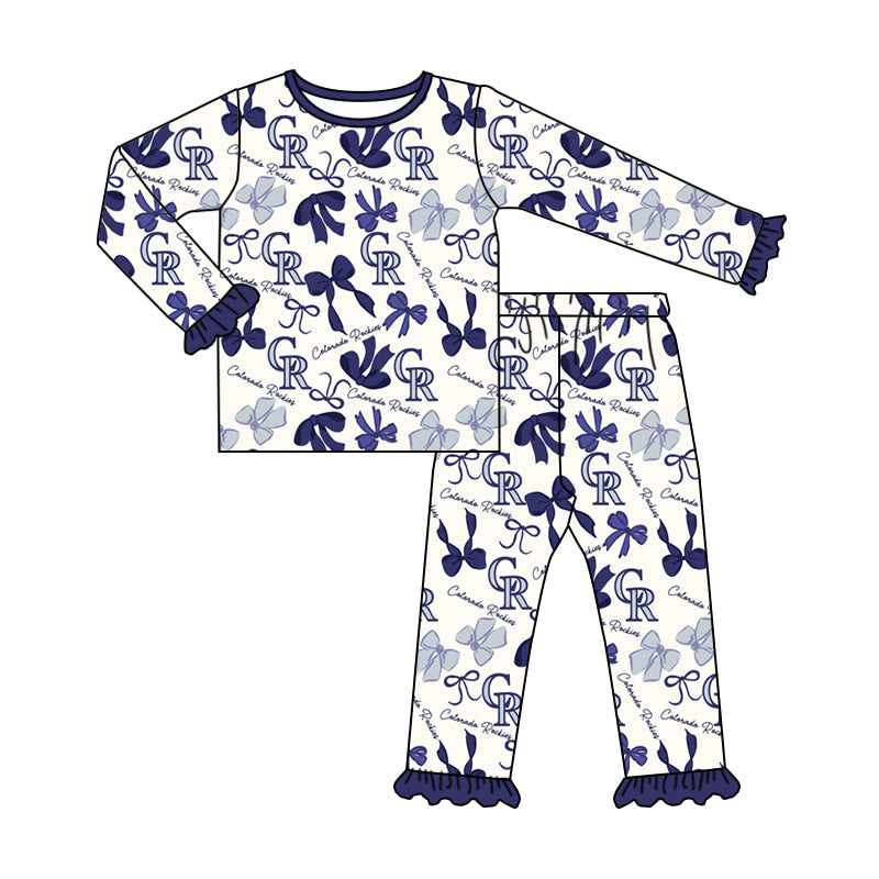 MOQ 3 Long sleeves C R blue bow kids girls team pajamas
