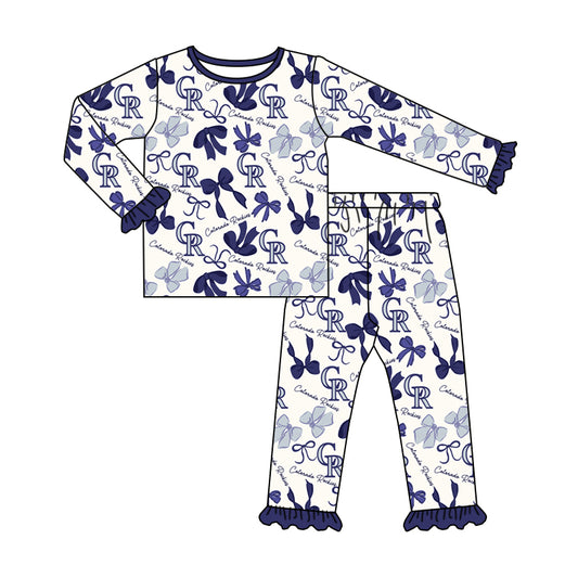 MOQ 3 Long sleeves C R blue bow kids girls team pajamas