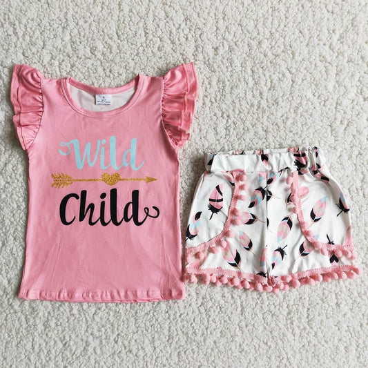 Wild child shirt feather pom pom shorts kids clothing girls